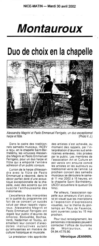 Articolo: Nice-Matin, 30 aprile 2002
